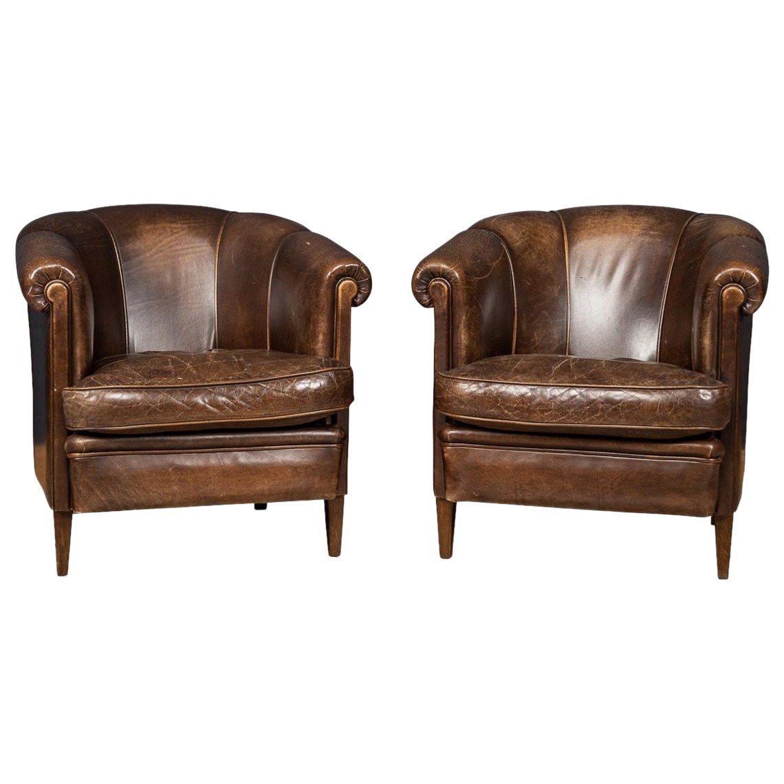 20th Century Dutch Sheepskin Leather Tub Chairs For Sale