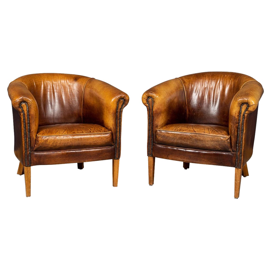 20th Century Dutch Sheepskin Leather Tub Chairs For Sale