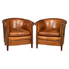 20th Century Dutch Sheepskin Leather Tub Chairs