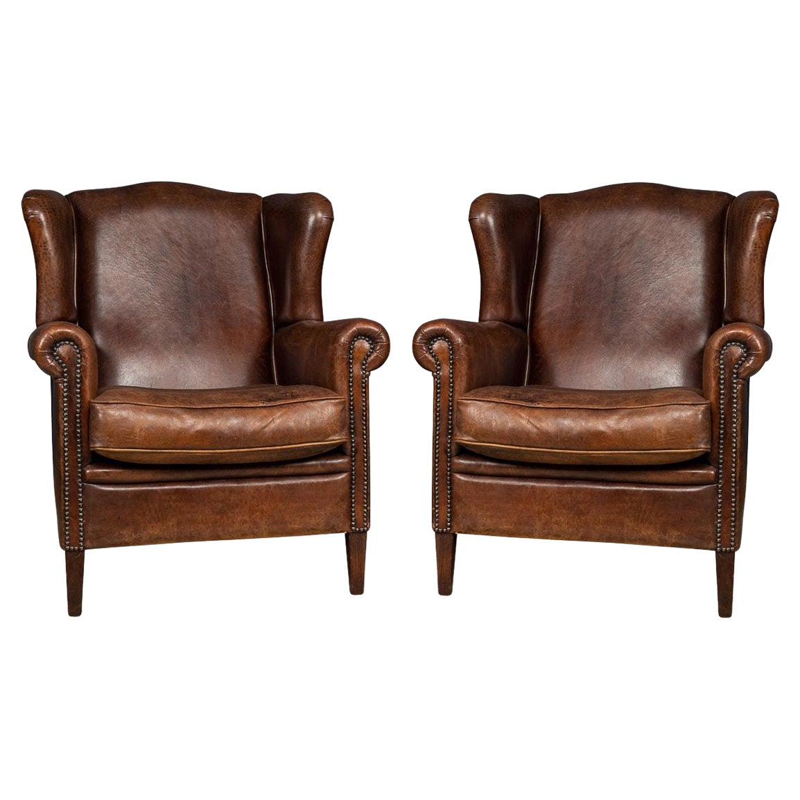 20th Century Dutch Sheepskin Leather Wing-Back Armchairs
