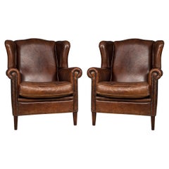 Vintage 20th Century Dutch Sheepskin Leather Wing-Back Armchairs