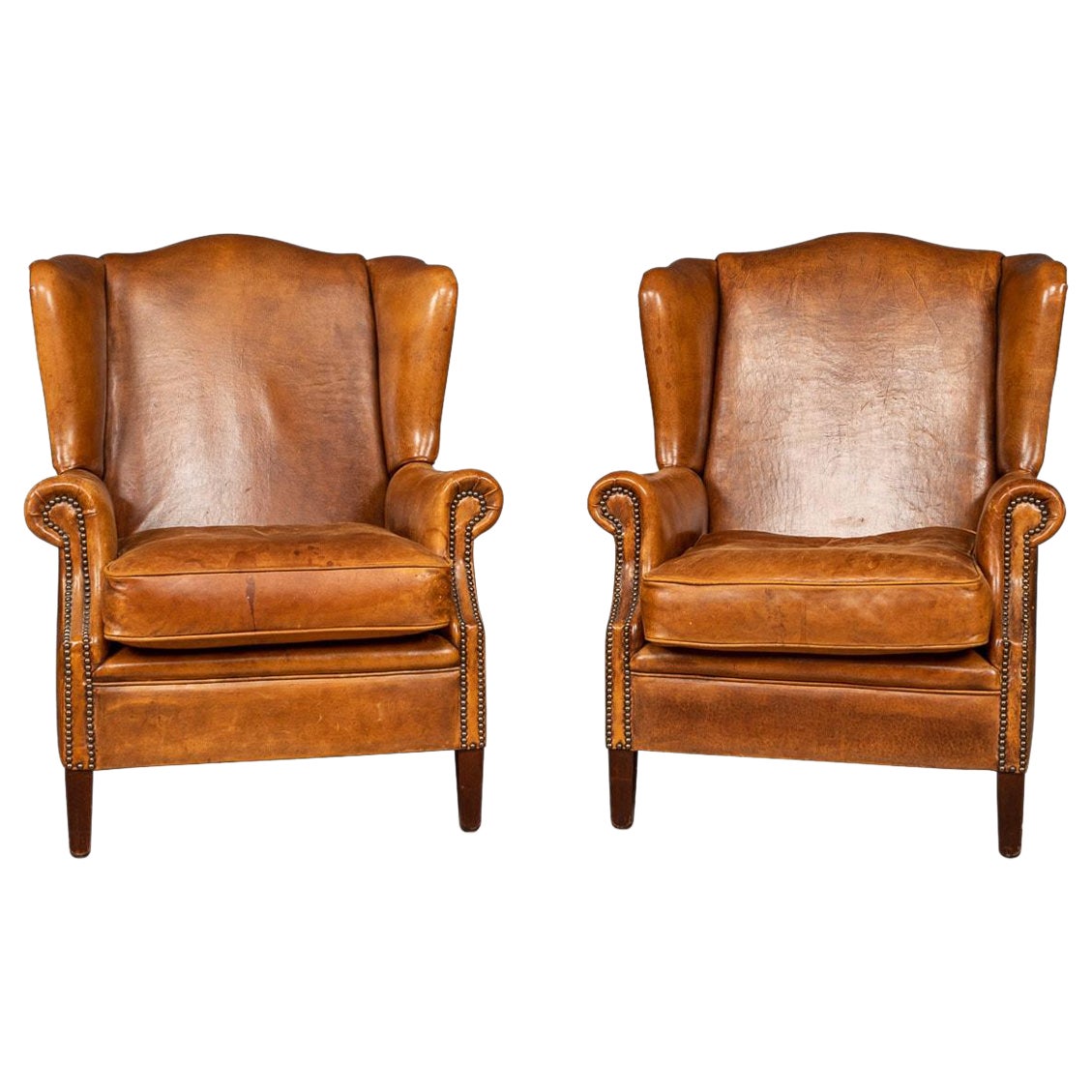 20th Century Dutch Sheepskin Leather Wing-Back Armchairs For Sale