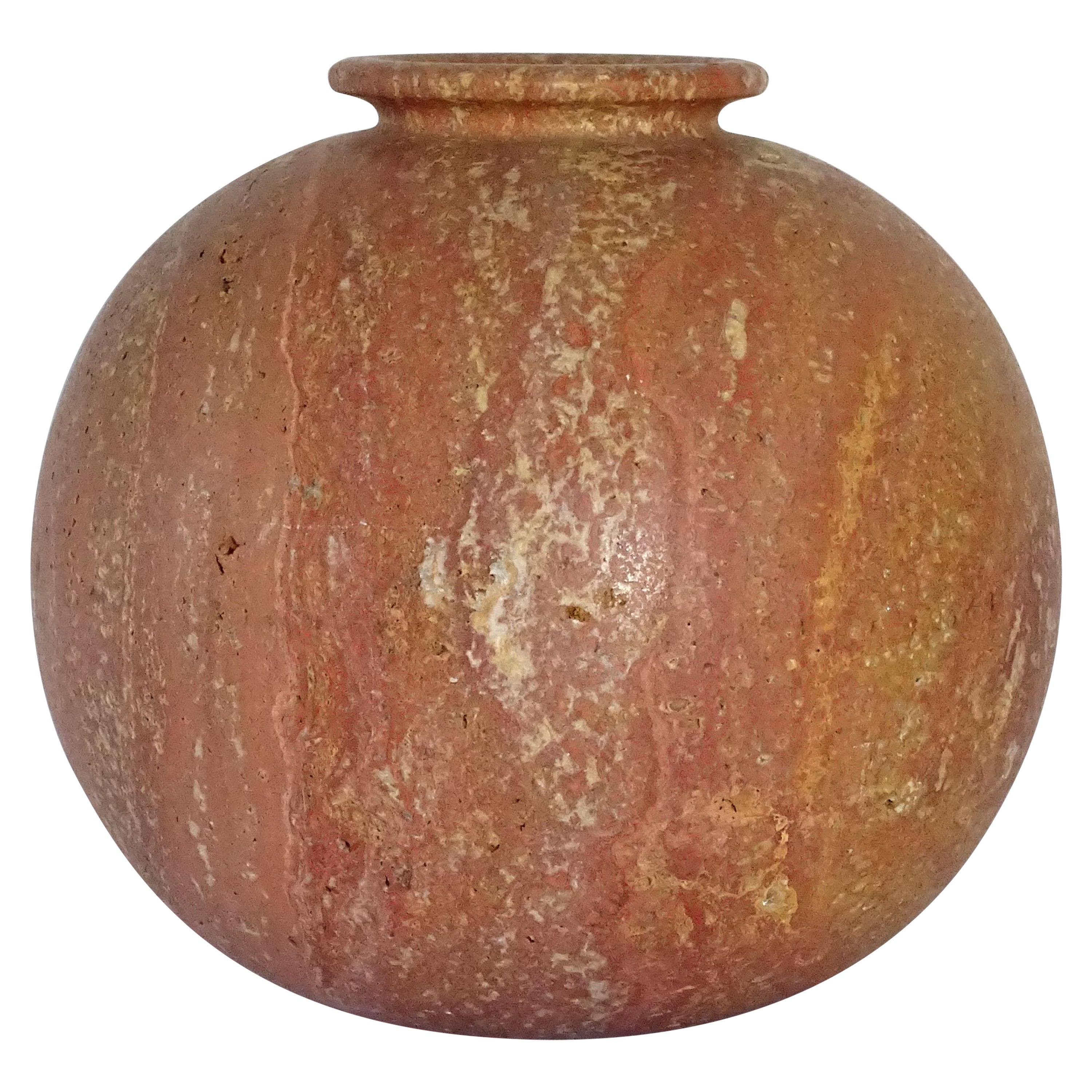 Large Italian 1980s round red travertine stone vase For Sale