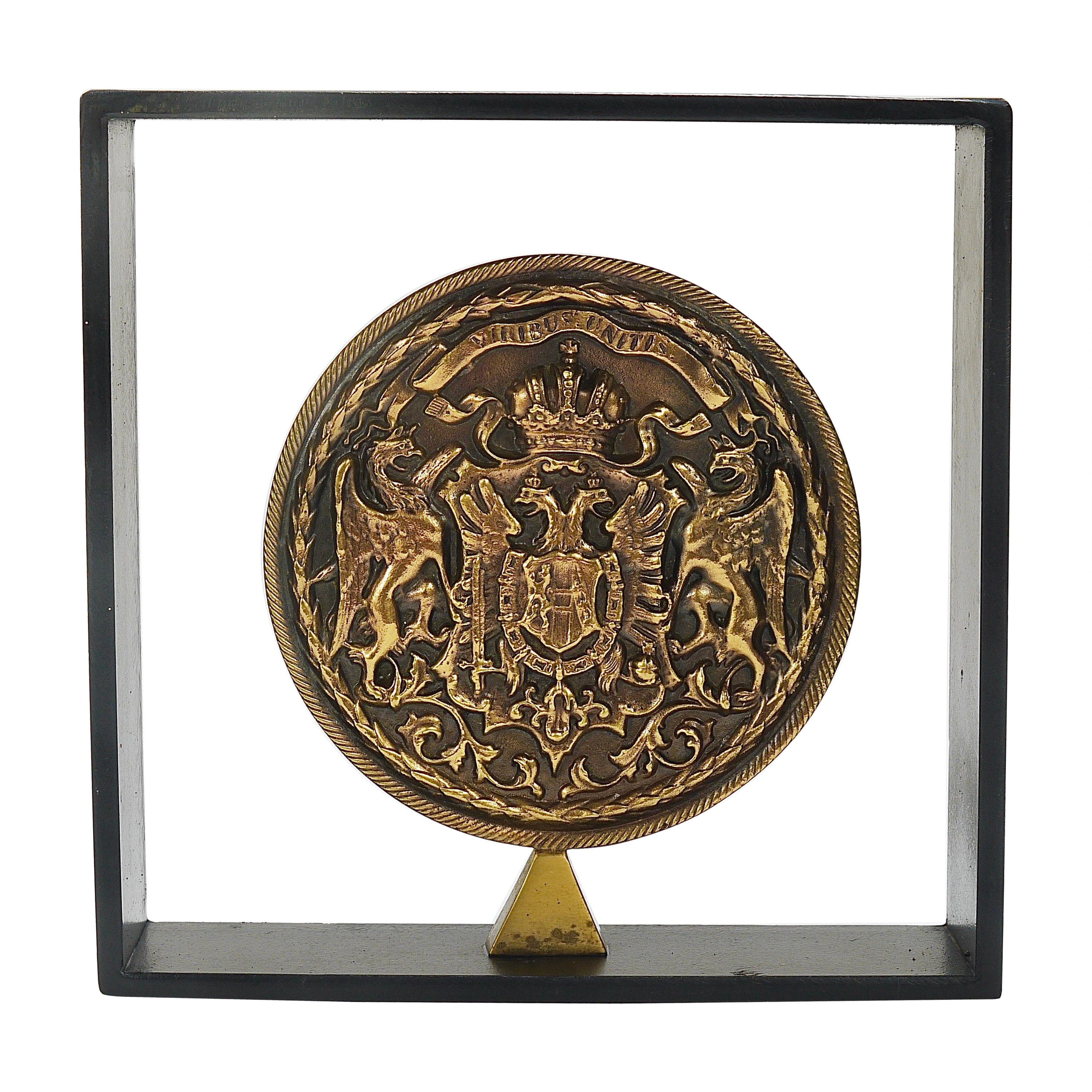 Carl Aubock Iron & Brass Coin Medal Midcentury Bookend, Austria, 1970s For Sale