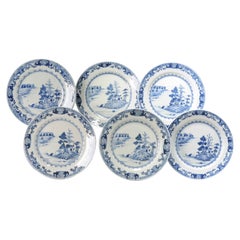 Juego de 6 Platos Antiguos de Porcelana China, Periodo Qing, Azul Blanco, Siglo XVIII