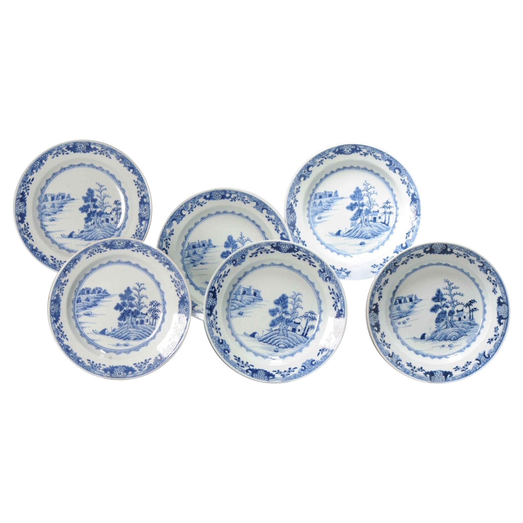 Juego de 6 platos hondos antiguos de porcelana china del periodo Qing Azul Blanco en venta