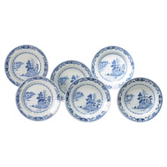 Set of 6 Antique Chinese Porcelain Qing Period Blue White Deep Dinner Plates