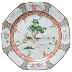 Antiguo Plato de Porcelana China Chine de Commande Periodo Qianlong Perros Ciervo