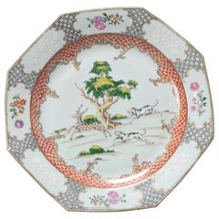 Antiguo Plato Chino Chine de Commande Porcelana Periodo Qianlong Perros y ciervos