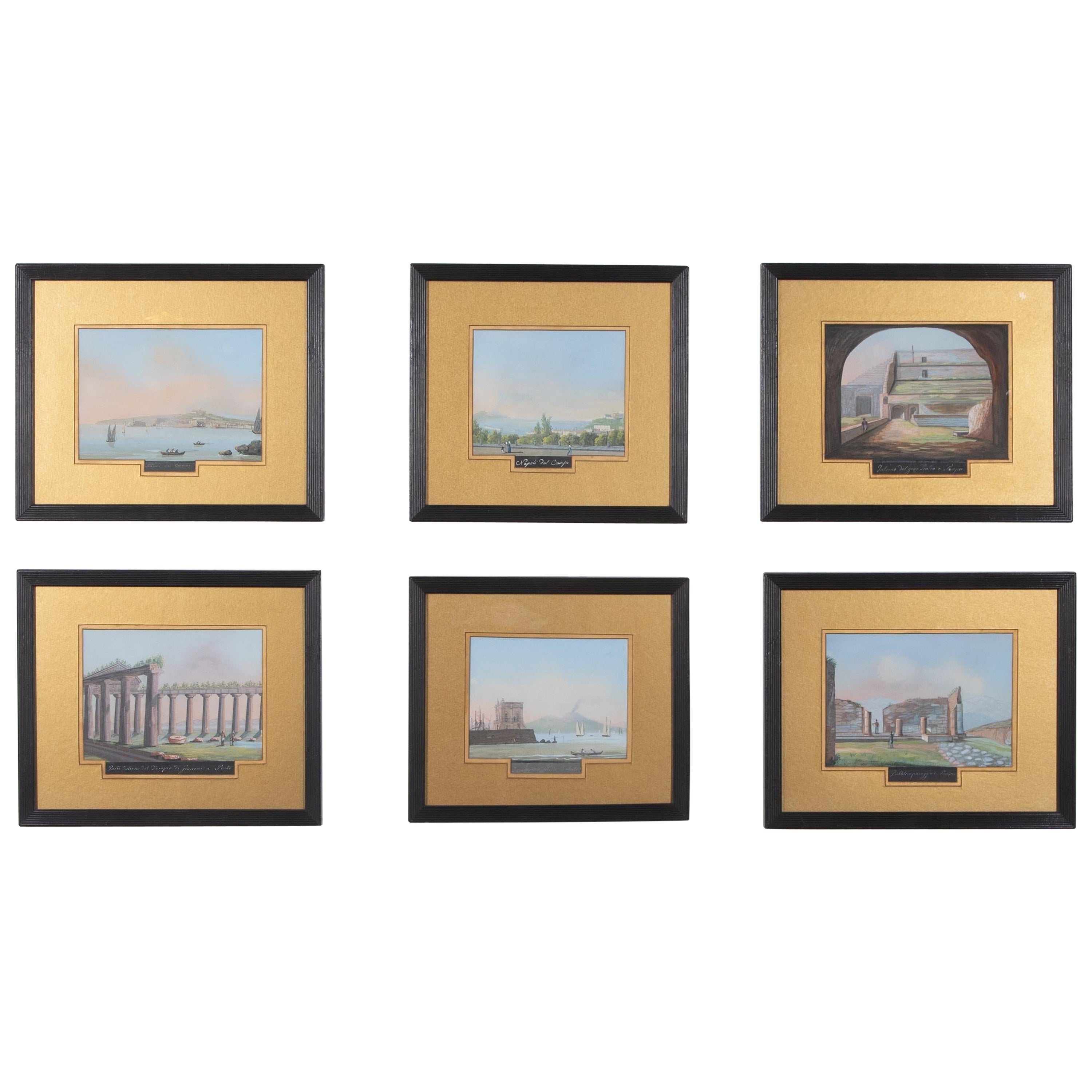 Conjunto de seis gouaches Grand Tour del siglo XIX