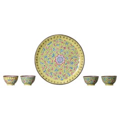 Antique Qianlong Enamel Bronze Rice Wine Cups Bowls Flowers Chinese China, 18thC