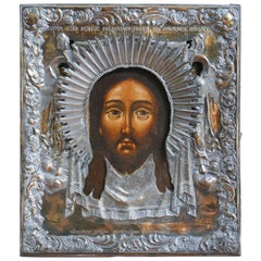 Russian icon depicting the Holy Mandylion, circa 1700, with silver rizza 19th c.