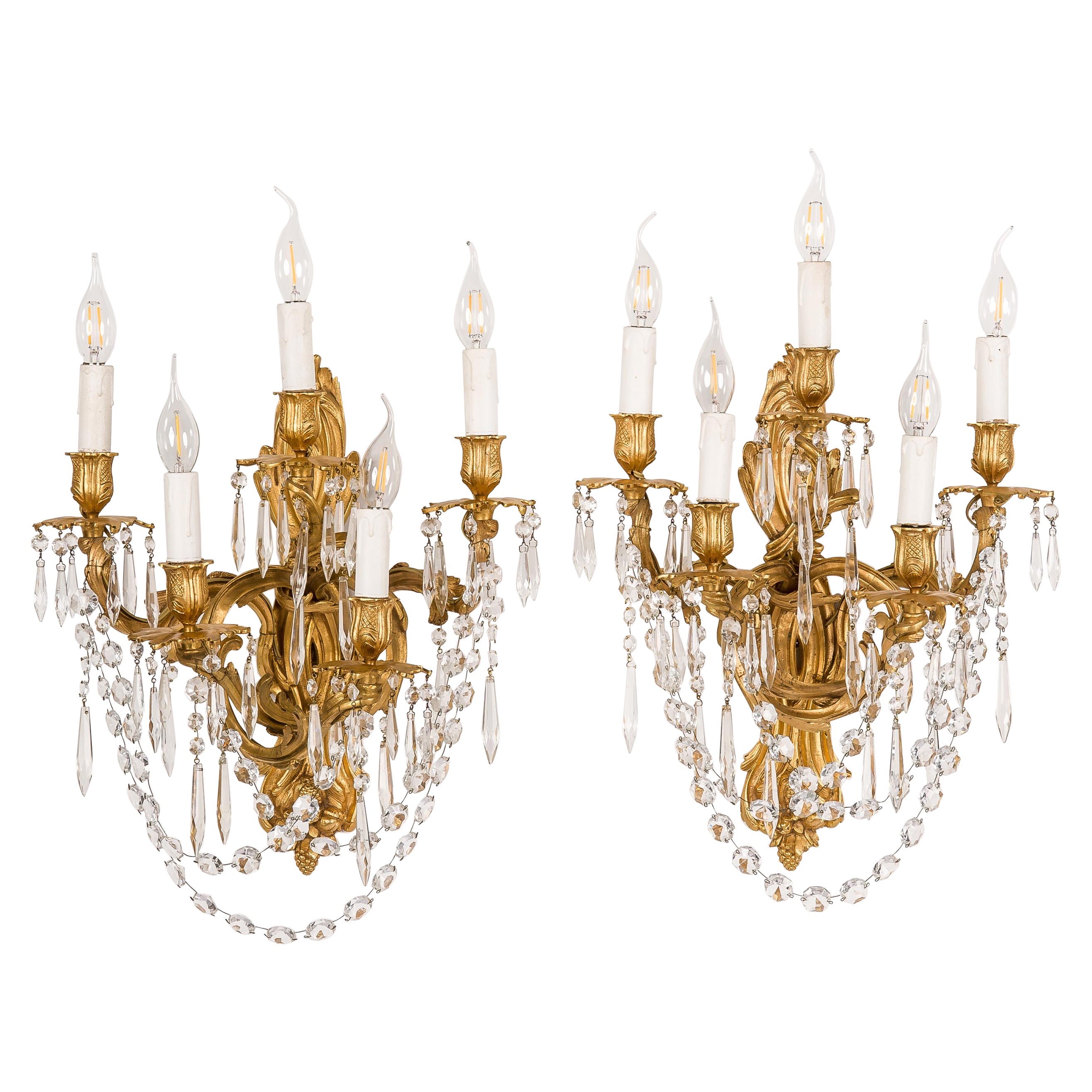 Antique pair of French fire gilt bronze and cut crystal  Louis XV sconces For Sale