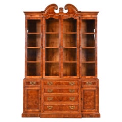 Vintage Henredon Georgian Carved Mahogany Lighted Breakfront Bookcase Cabinet