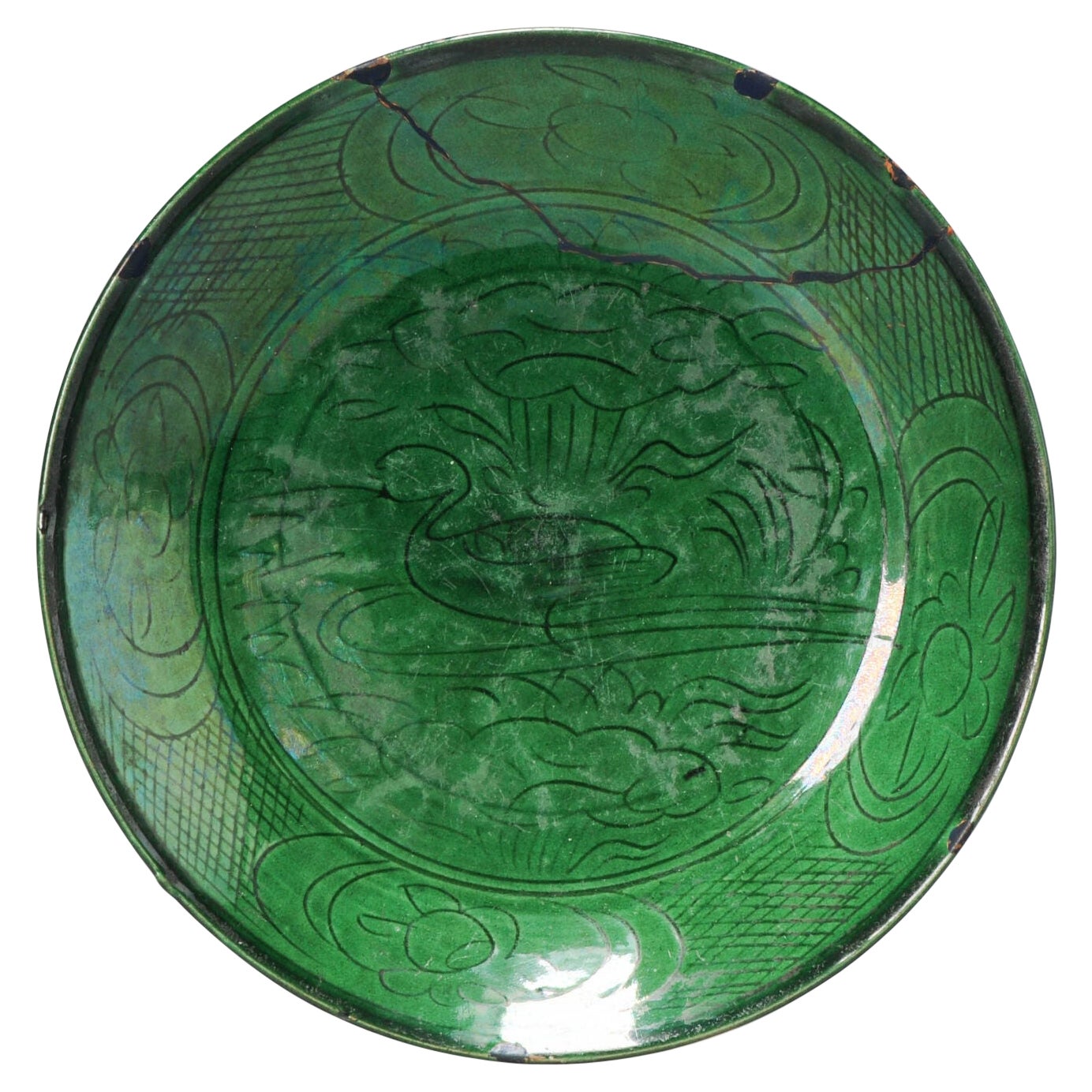Antique Chinese Porcelain Ming/Transitional Dish Green Glaze Carved, 17th Cen For Sale