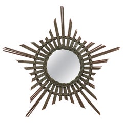 Vintage Mid-Century Modern Handcrafted Rattan Starburst Sunburst Mirror, Germany, 1960s