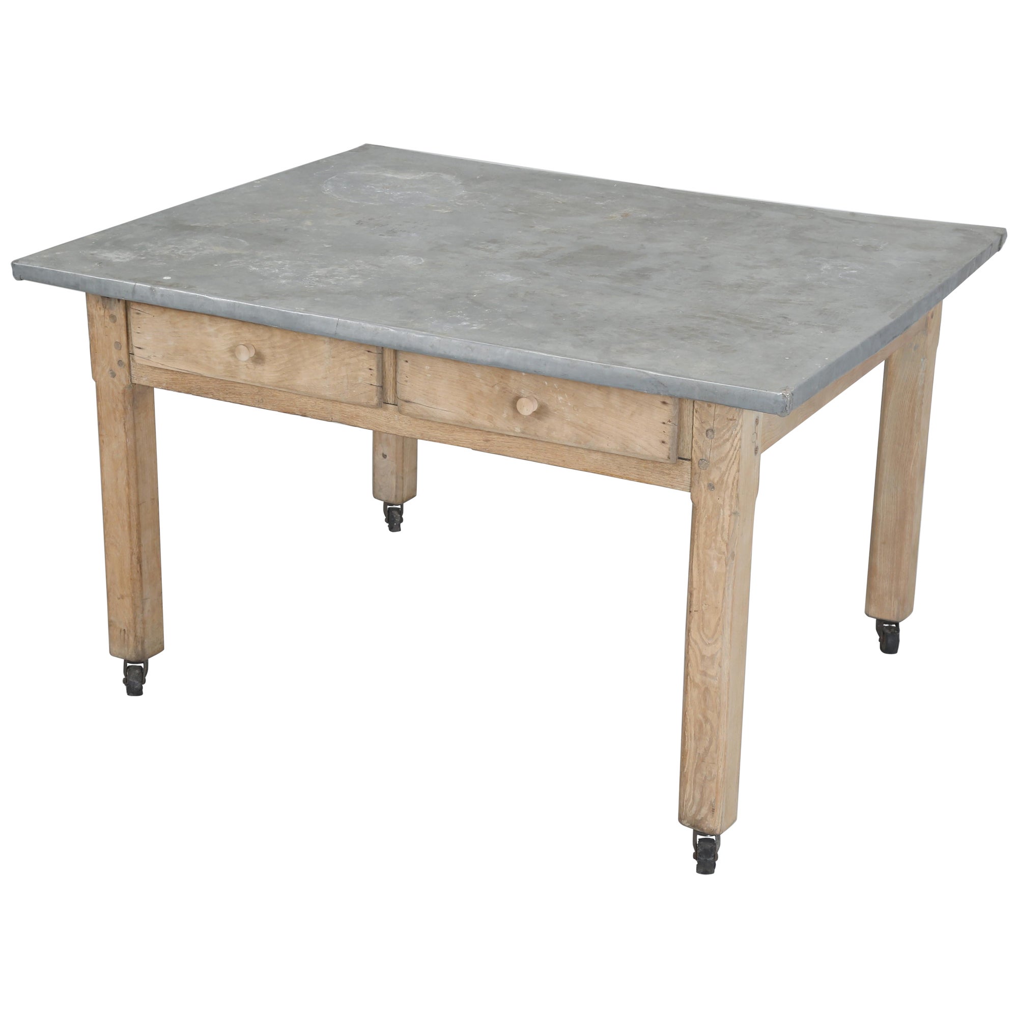 Antique European Work Table, Garden or Kitchen Table with Old Zinc Top 1920's For Sale
