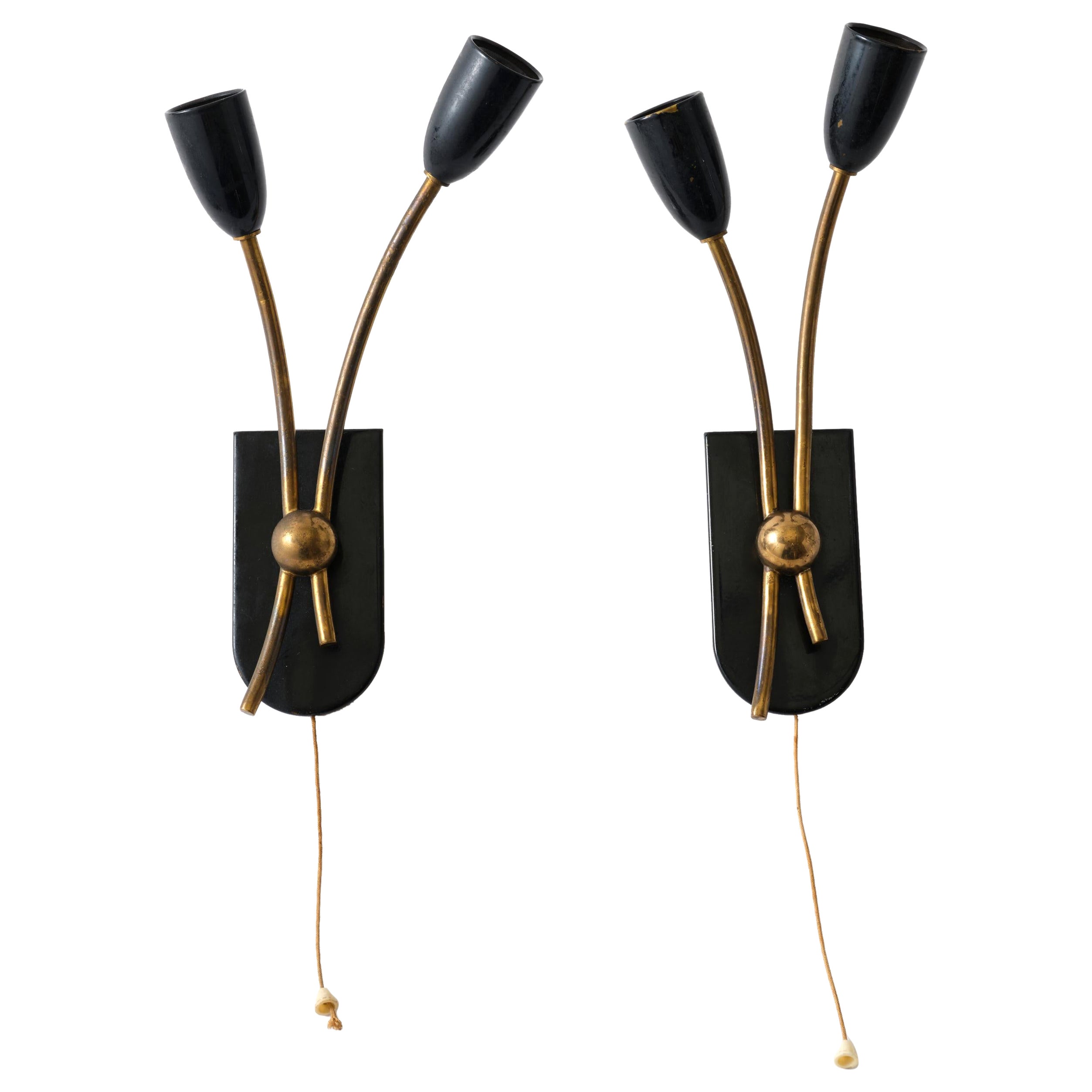 Pair of Sconces, Brass with Black Metal Details, Bed Side Lamps, Italy, C 1950 For Sale