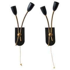 Retro Pair of Sconces, Brass with Black Metal Details, Bed Side Lamps, Italy, C 1950