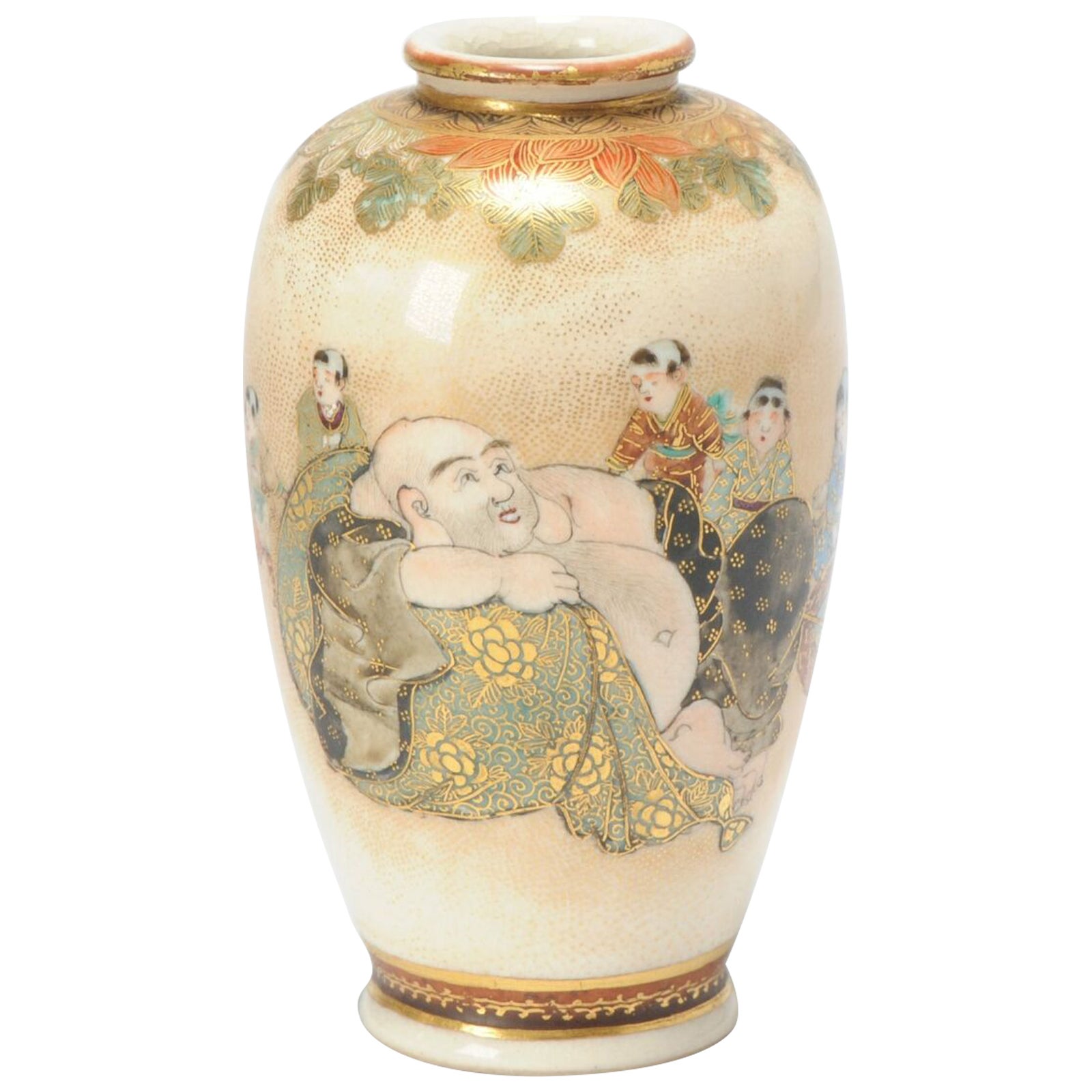 Small Antique Beautiful Dozan Japanese Satsuma Vase with Hotei Karako For Sale