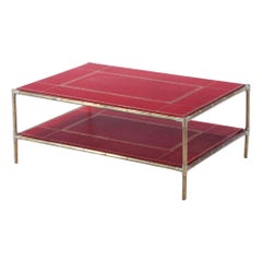 Brass bamboo form coffee table C 1970 with red leather top, manner of Jansen