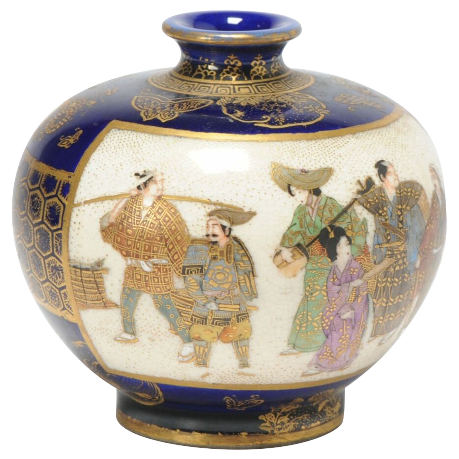 Antique Hozan Japanese Satsuma Vase Itinerant Musicians Sparrows Wisteria For Sale