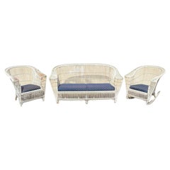 Vintage Victorian Wicker Rattan Bentwood Sculptural Sunroom Sofa Set with Chairs