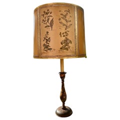 A Vintage Black Decorated Wood Table Lamp With Vintage Decorated Drum Shade