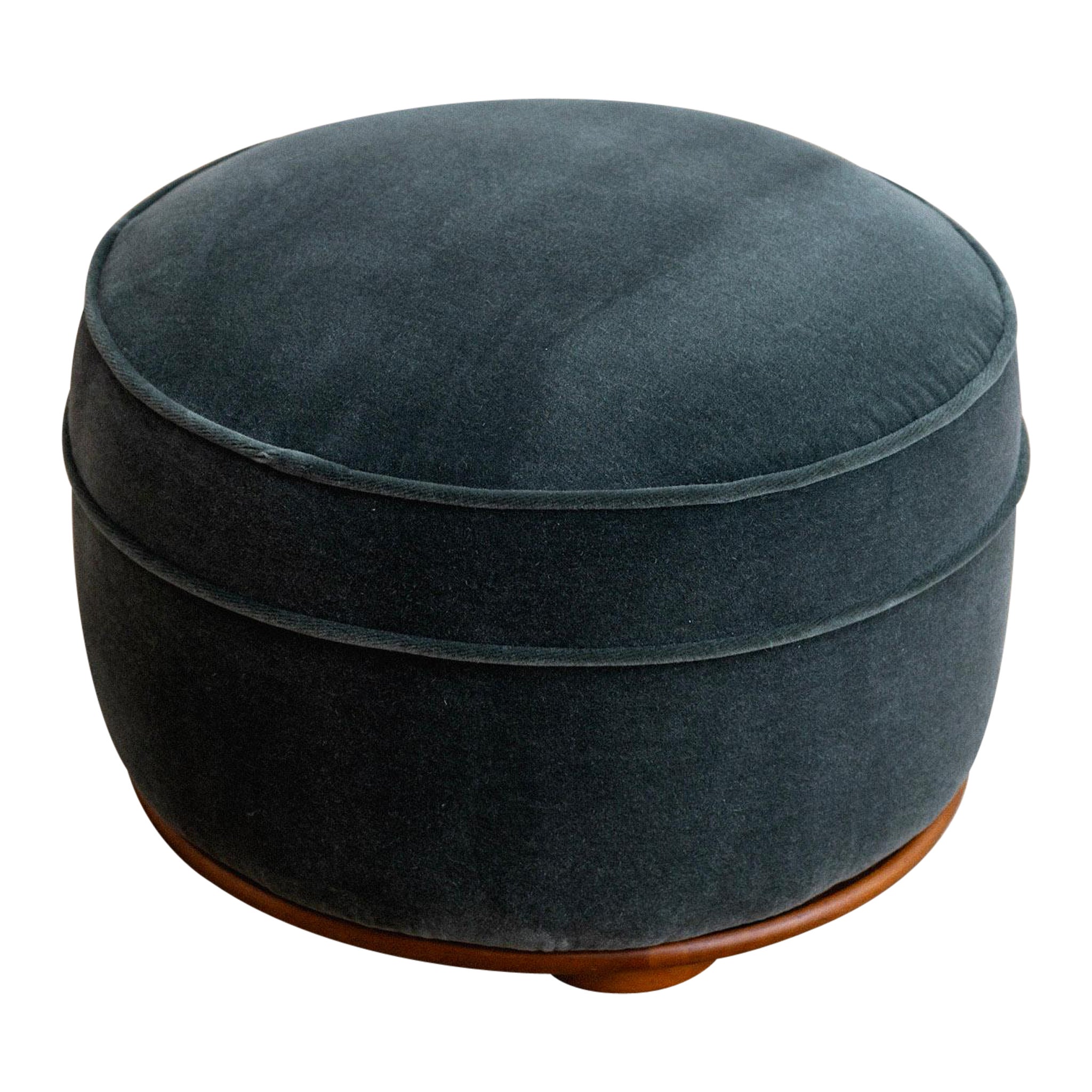 Round French Art Deco Ottoman in Teal Mohair