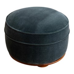 Antique Round French Art Deco Ottoman in Teal Mohair