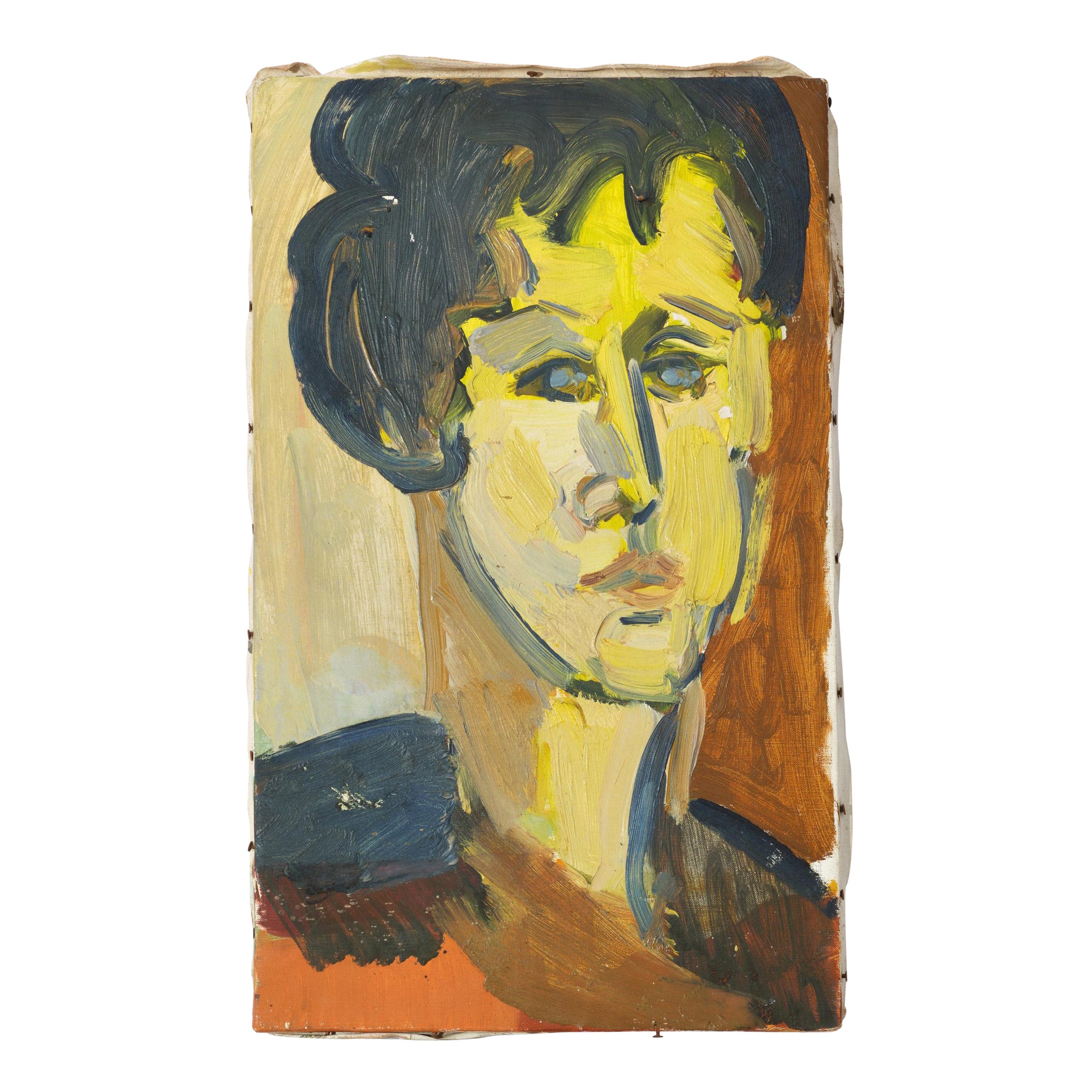 Oil Painting of Lady, C 1950, Green, Brown & Black, No Frame, Face of a Woman For Sale
