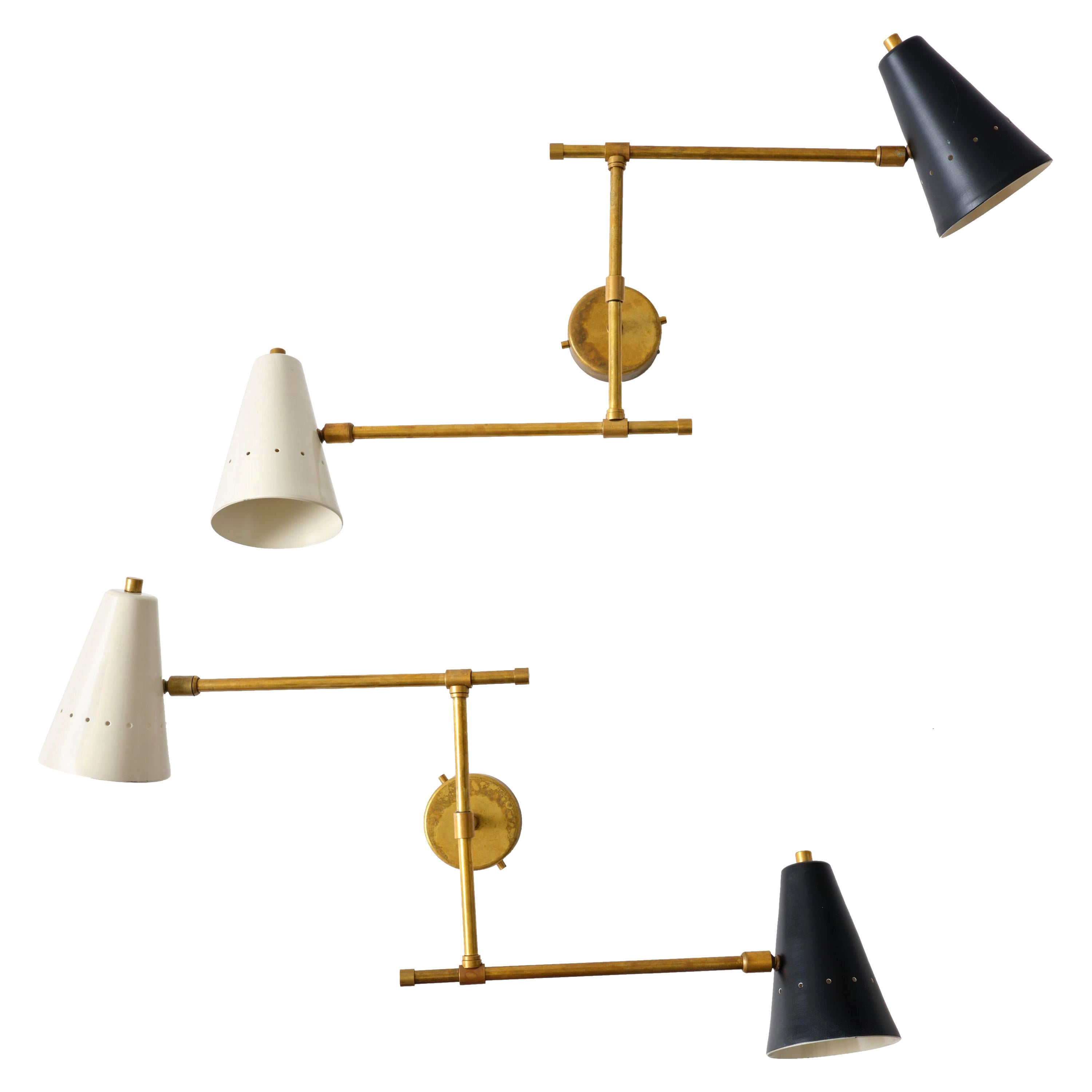 Sconces, Pair of Sconces, Brass with Black & White Metal Details, C 1950, Italy