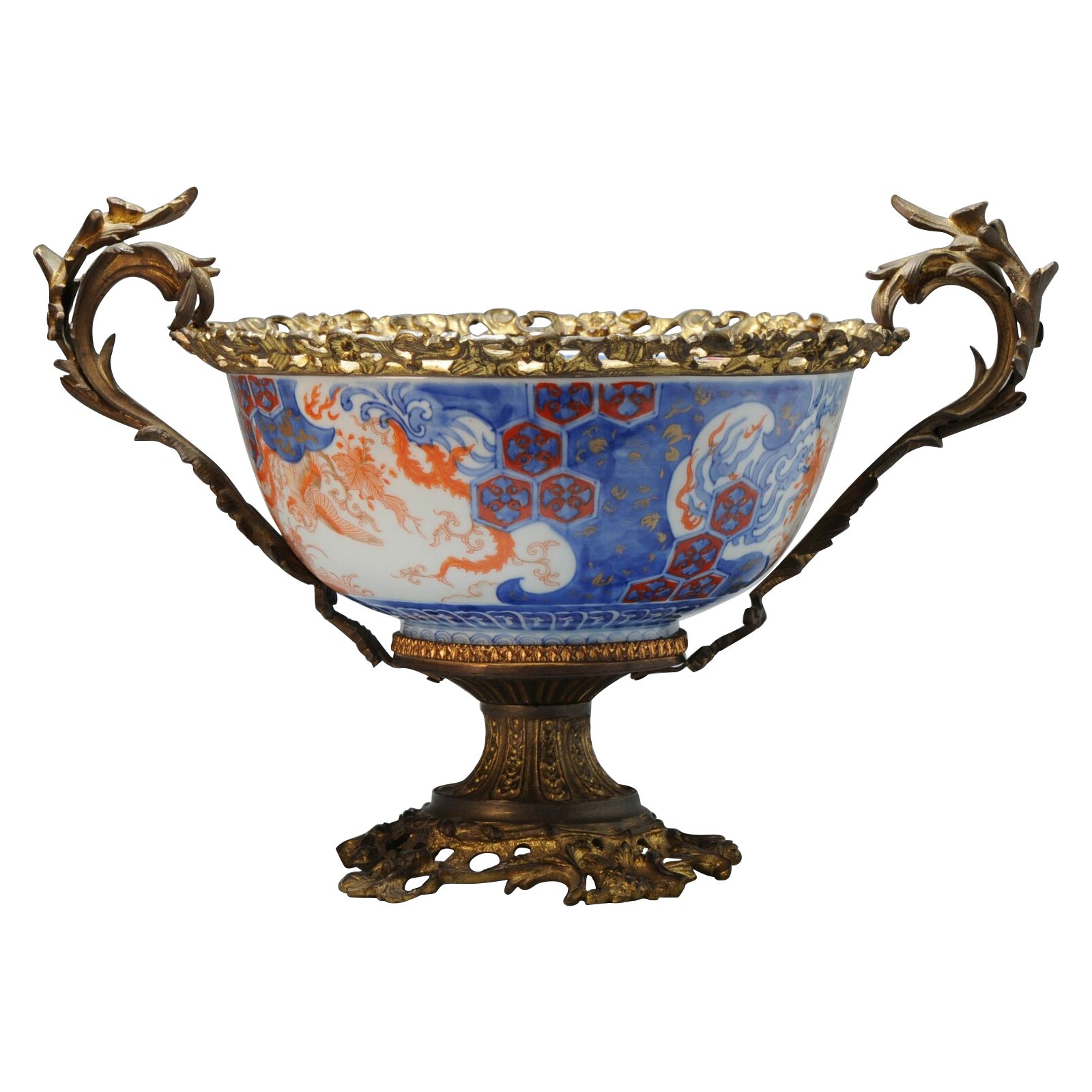 Antique Meiji Imari Japanese Porcelain Bowl Ormulu Mounted Phoenixes, 19/20th C 