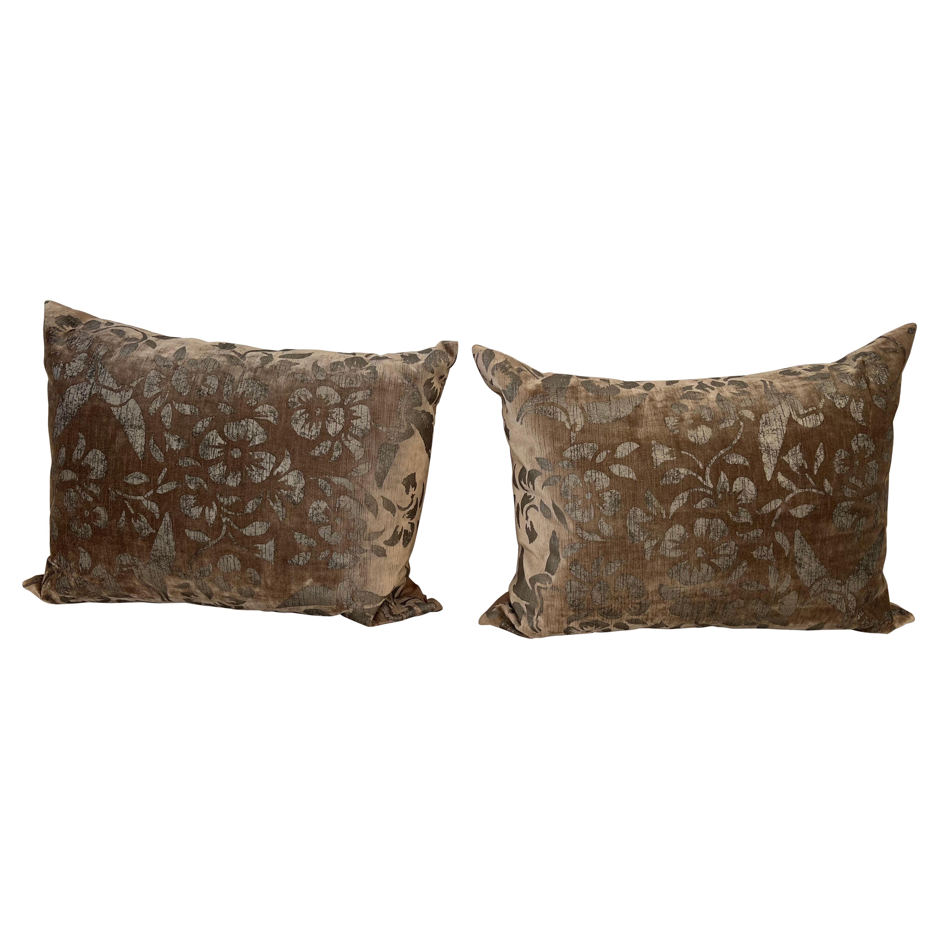 Pair of Hand Painted Velvet Lumbar Pillows on Silk For Sale