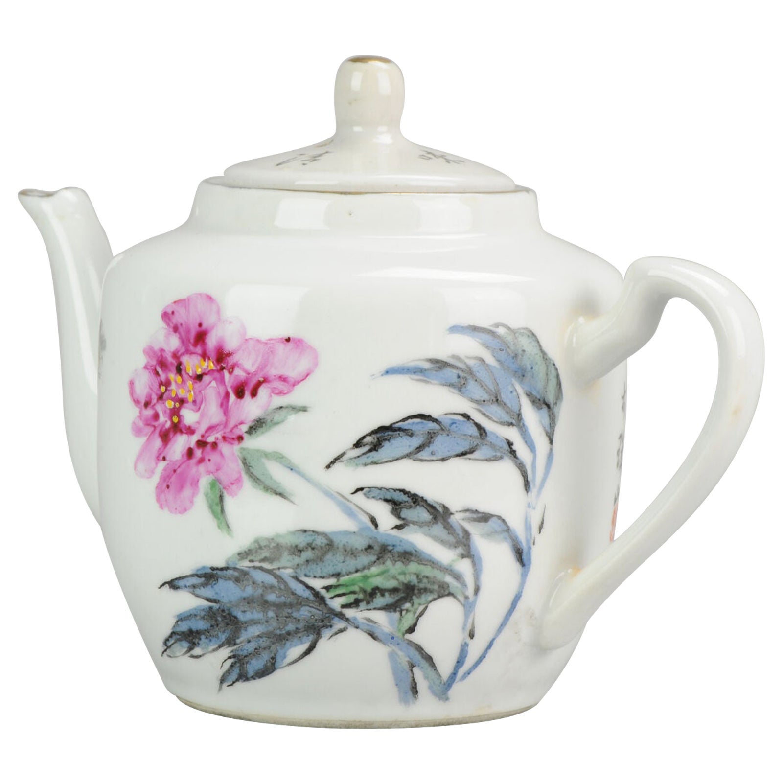 Chinese Porcelain Art Proc Fencai Teapot with Flowers & Poem, 1980/1990 For Sale