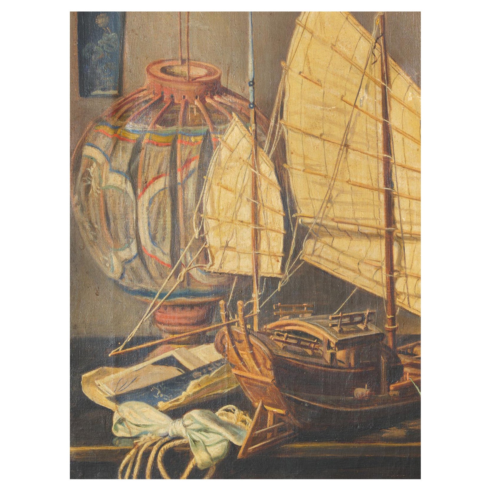Peinture à l'huile, signée, représentant une Junk & a Lantern, vers 1920, Florence, Italie
