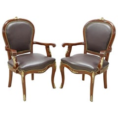 20ème siècle, Vintage, (2) Fauteuils de style Louis XV noirs, tapissés, têtes de clous,