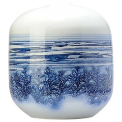 Vase japonais vintage Arita par Fujii Shumei, paysage d'hiver