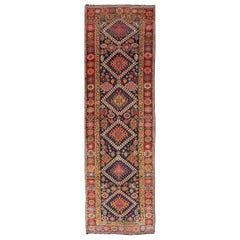 Antique Caucasian Shirvan Runner In Latch Hook Medallions With Navy Blue Field