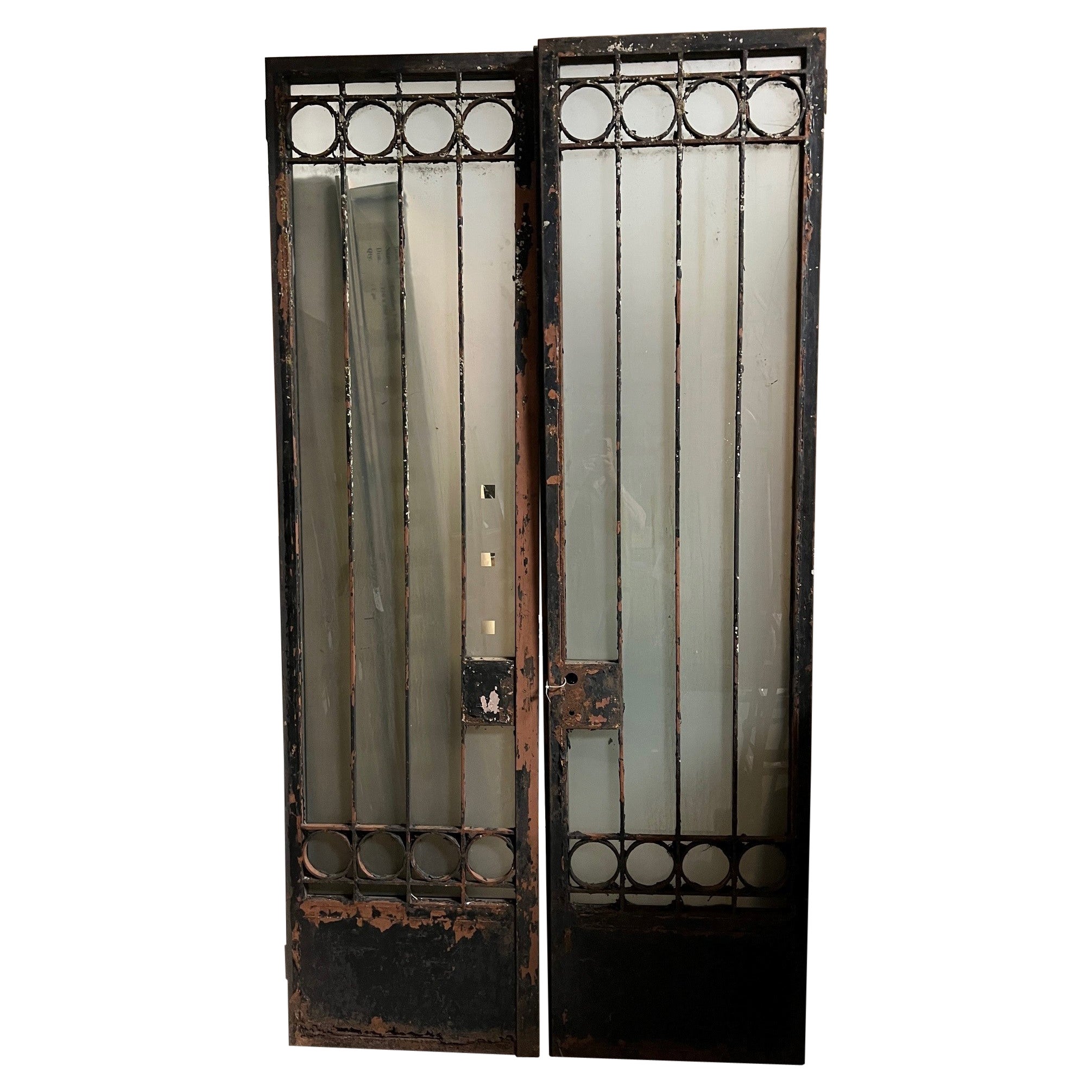 Pair of Tall Vintage Iron Doors with Frosted Glass  For Sale