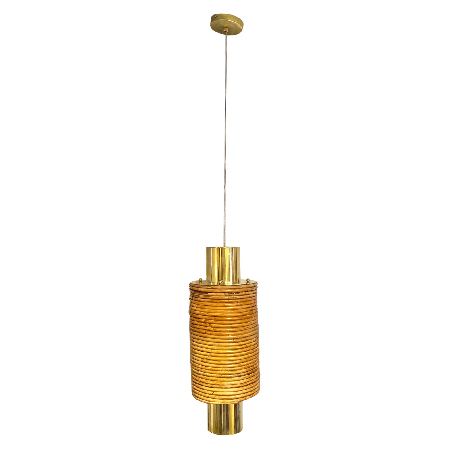 Contemporary Italian Customizable Circular Rattan Brass Pendant/Chandelier For Sale