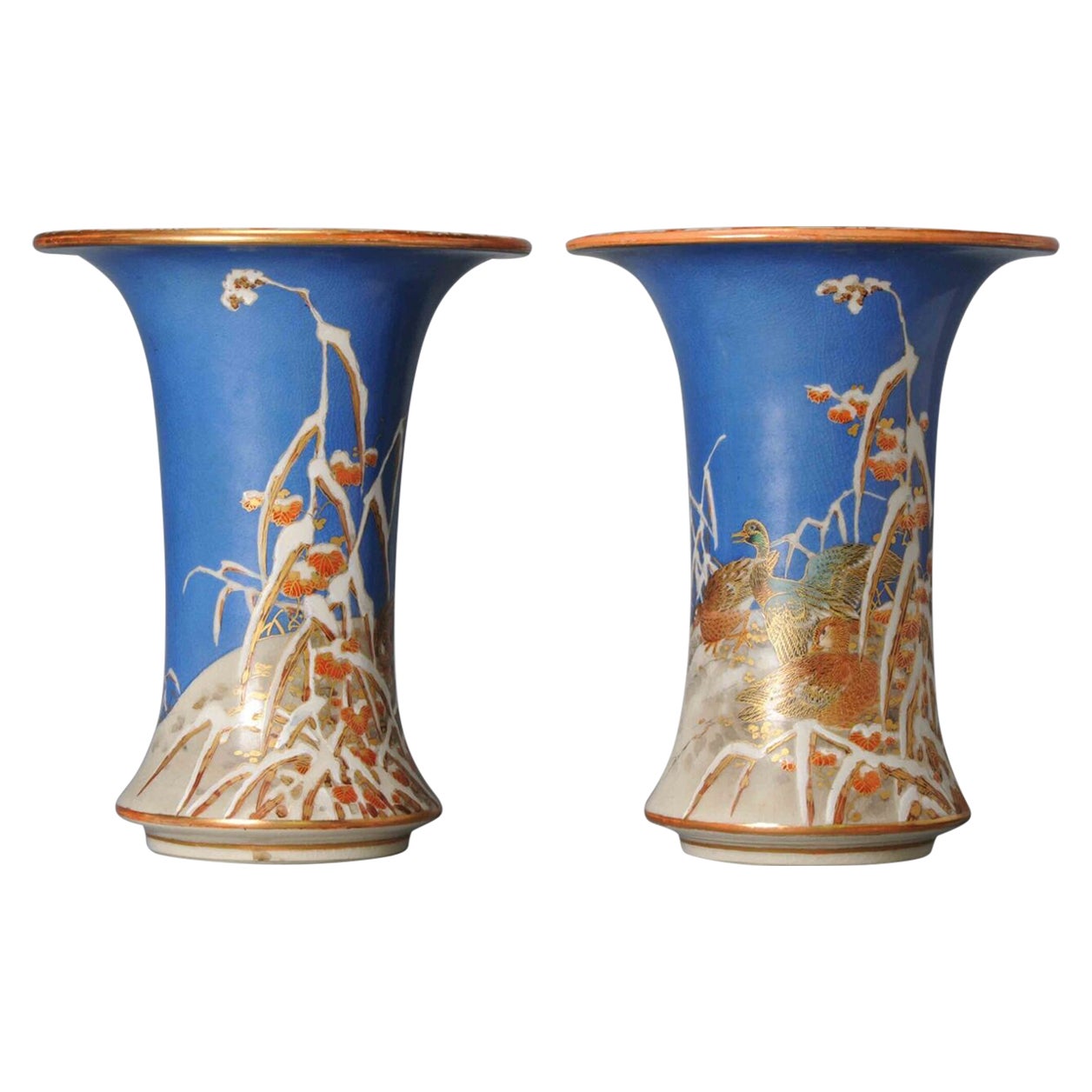 Pair of Antique Meiji Japanese Satsuma Vases Japan Snow Landscape Ducks Marked For Sale