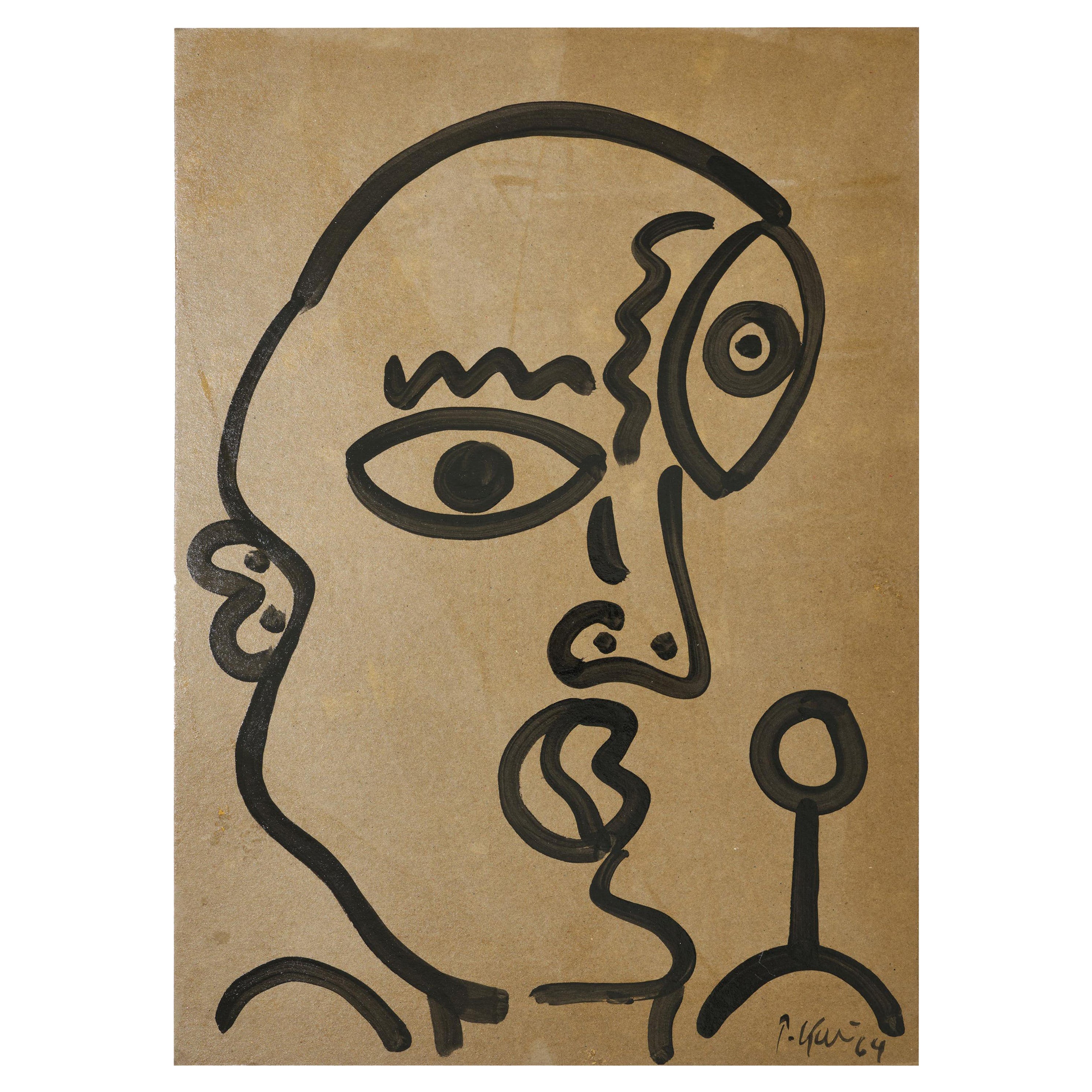 Painting by Peter Keil, Acrylic On Grey Paper, Germany, Signed, No Frame, C 1964