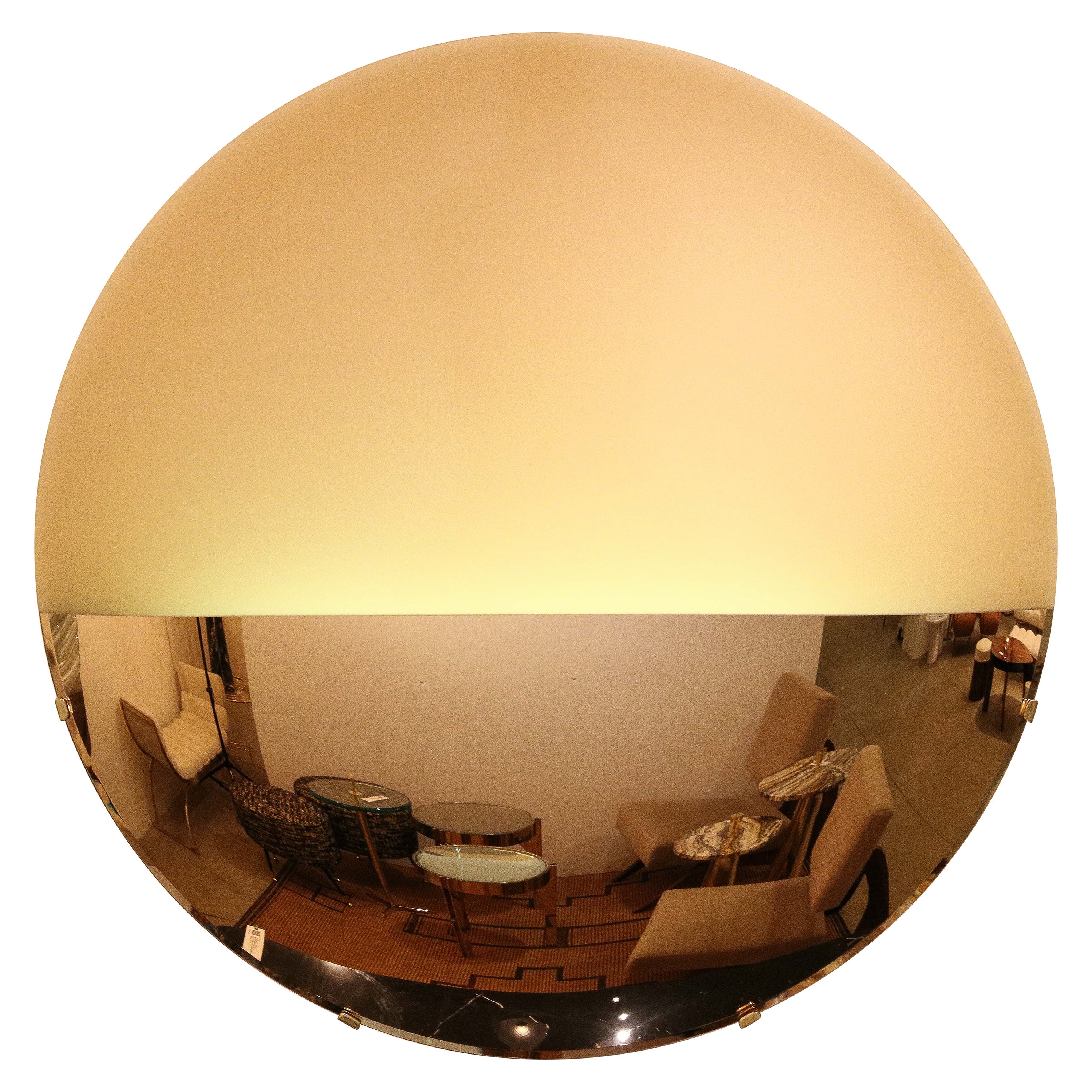 Large Sculptural Round Convex Rose Gold Lighted Mirror or Wall Art, Italy