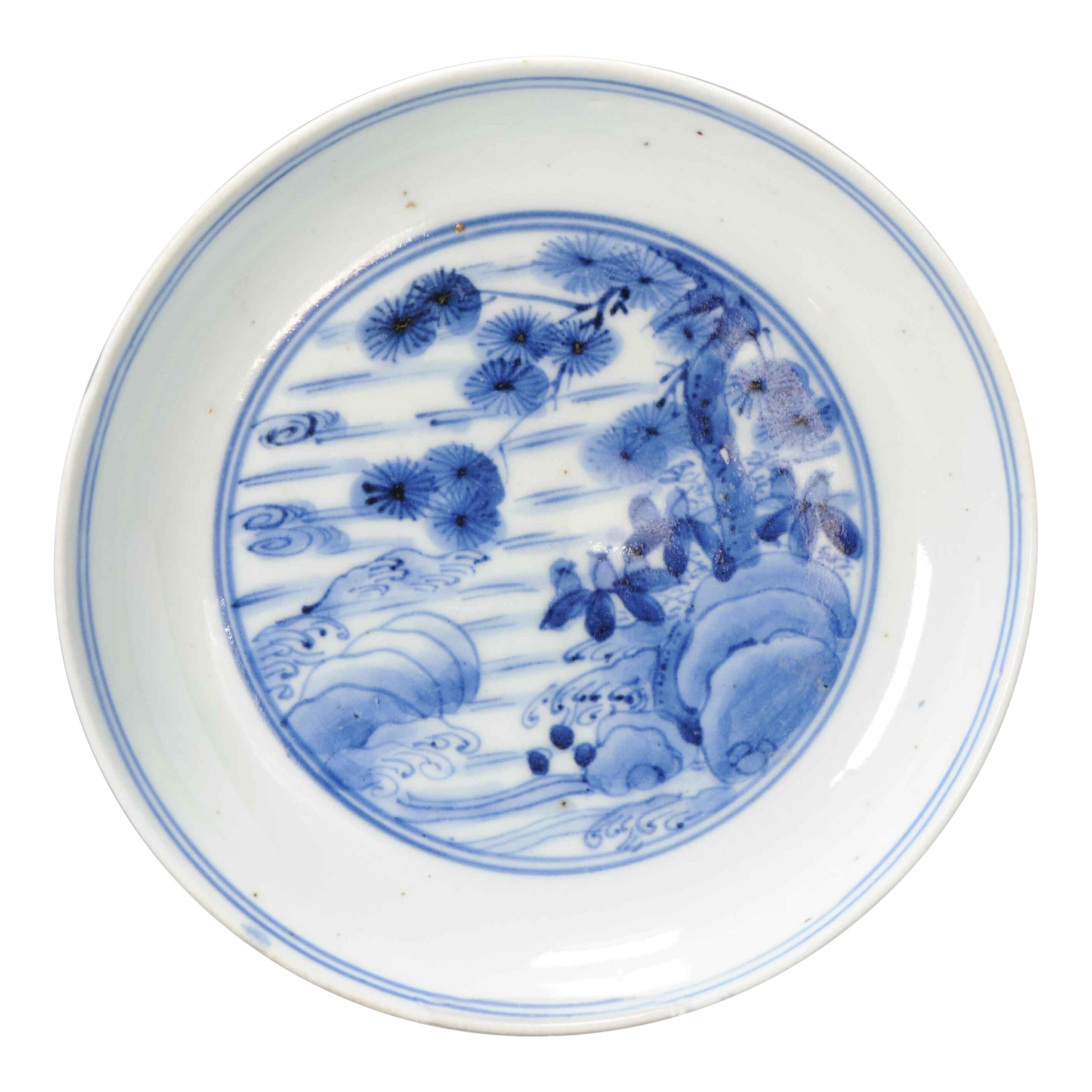 Edo Period Ko-Imari Japanese Porcelain Dish Arita Landscape Waves, ca 1660-1670 For Sale