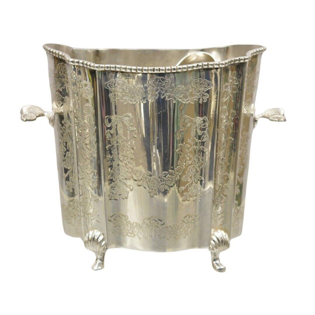 Vintage Victorian Style Silver Plated Small Scalloped Ice Bucket with Tonges For Sale