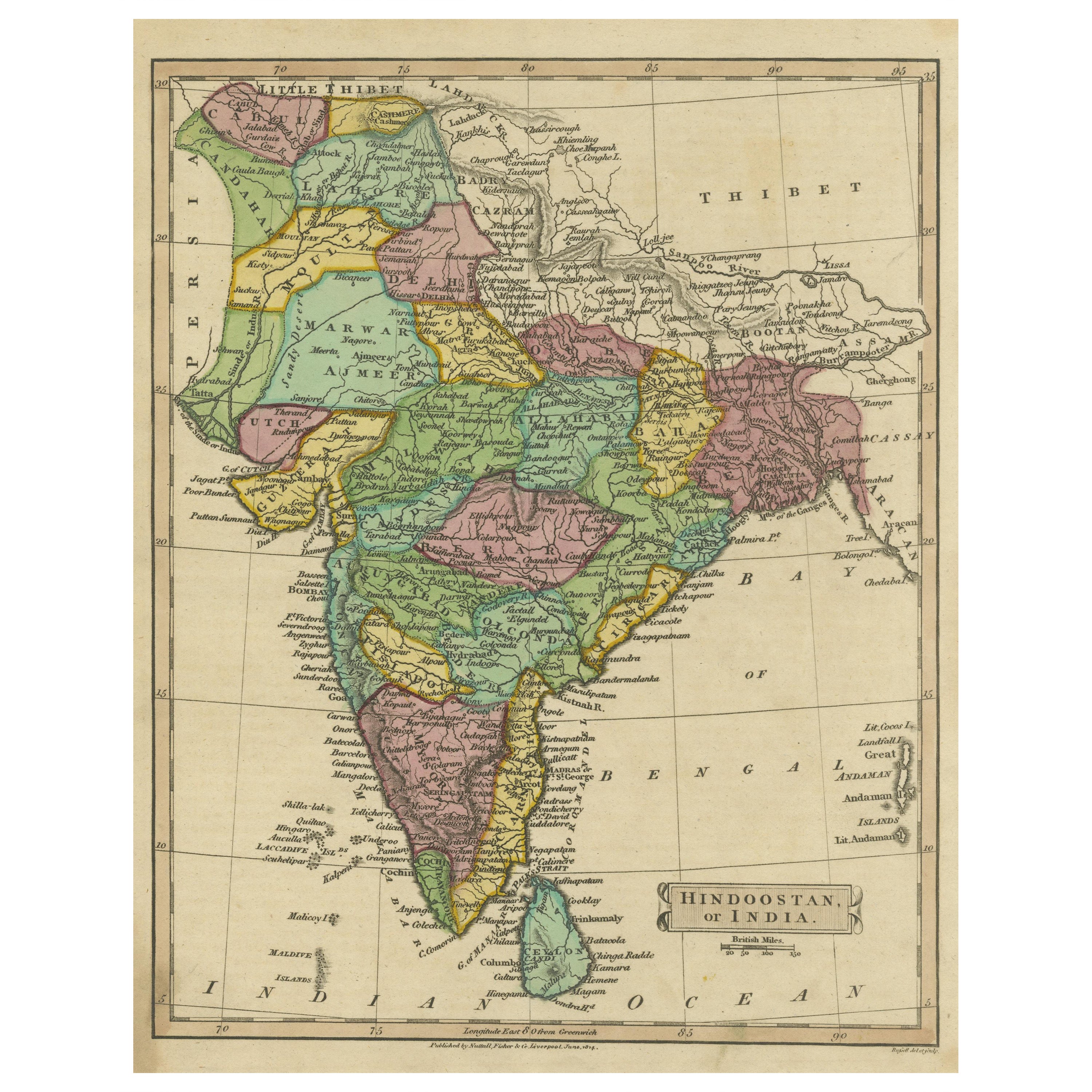 Antique Map of Hindustan, or India For Sale