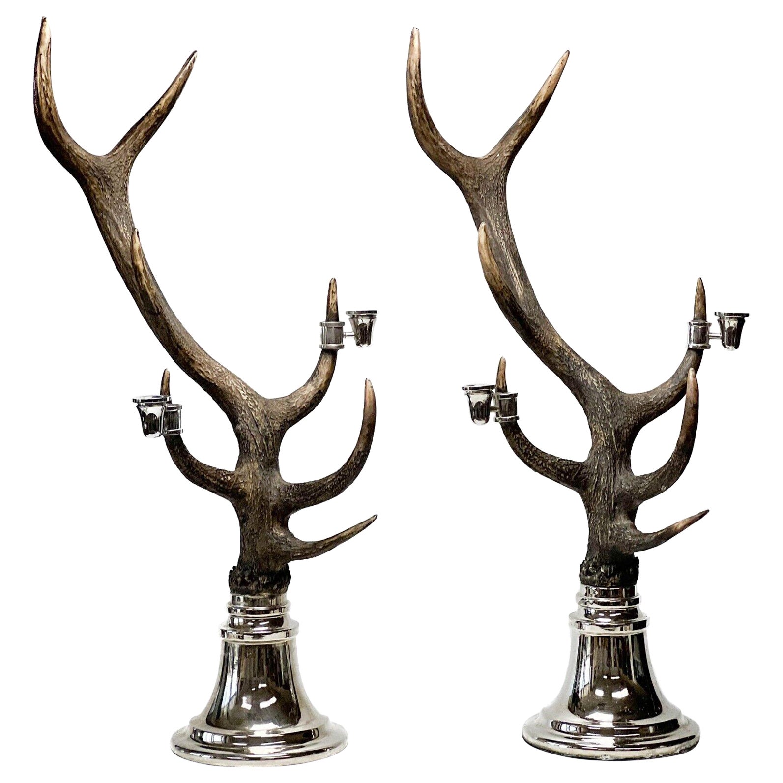  Pair Mid Century Simulated Horn & Silver Plate Candelabras For Sale