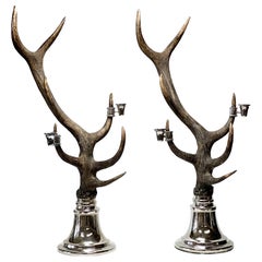 Vintage  Pair Mid Century Simulated Horn & Silver Plate Candelabras