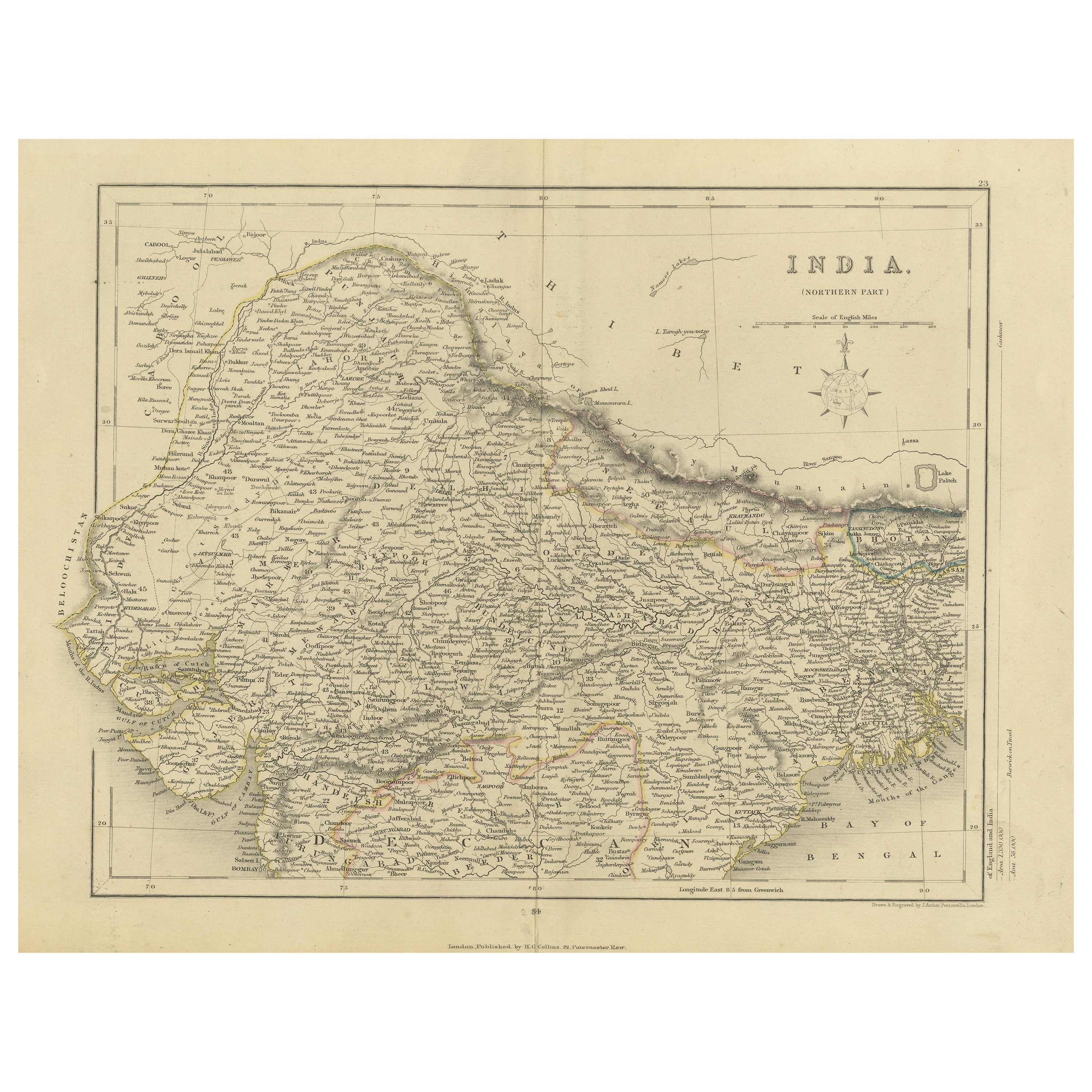 Original Antique Map of Northern India For Sale